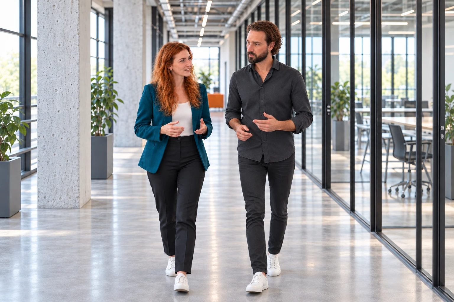 Marieke Decker und Thorben Vogt im Gespräch beim gemeinsamen Gang durch ein Unternehmen